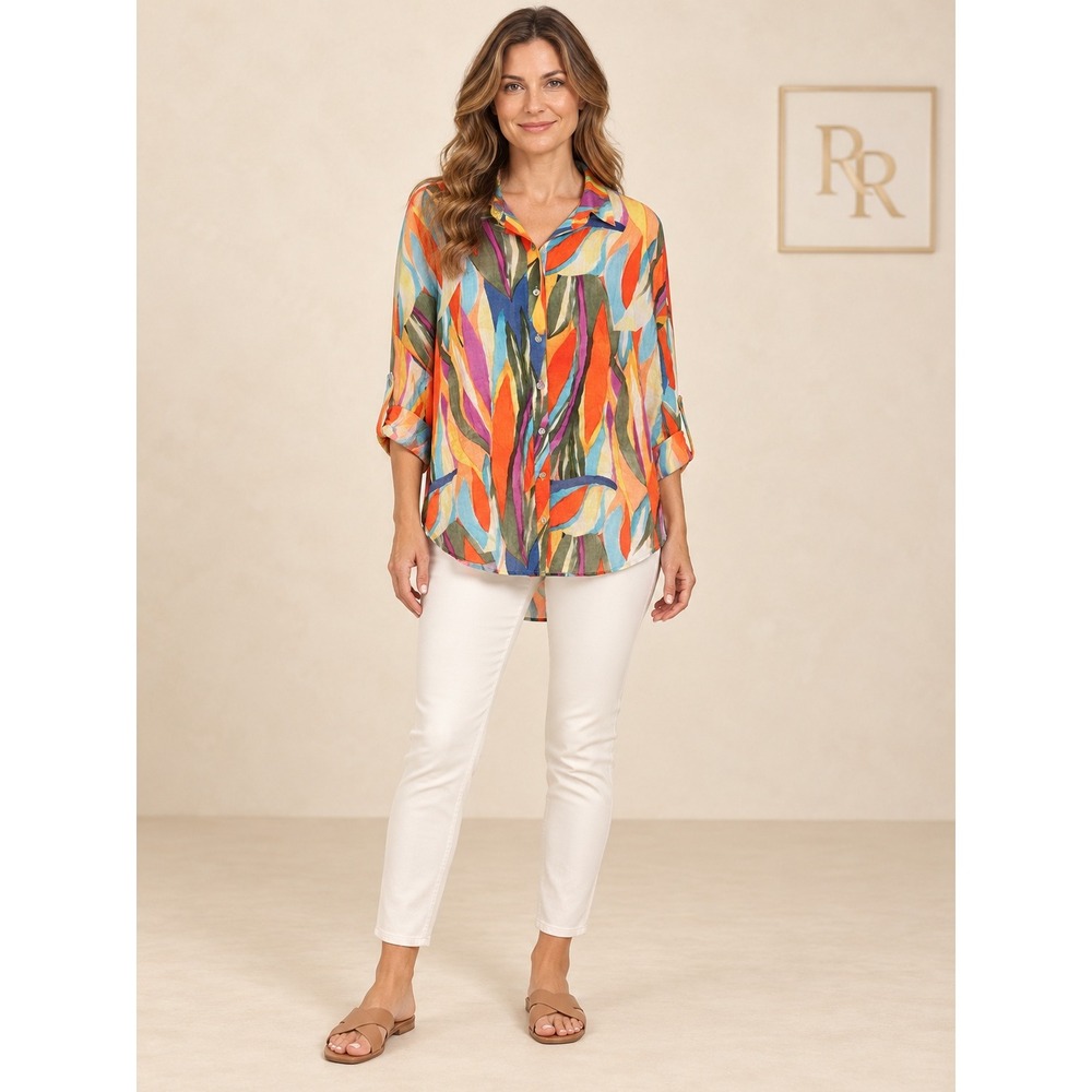 Soft Surroundings Multicolor Abstract Botanical Cotton Button Down Shirt 1X